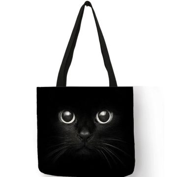 Fekete macskás vászon válltáska, bevásárlótáska
