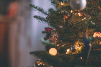 Egy száradó karácsonyfa díszítése, rajta egy kis zokni és fények.