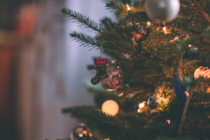 Egy száradó karácsonyfa díszítése, rajta egy kis zokni és fények.