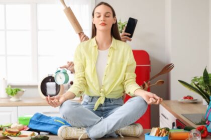 Egy nő meditál a konyhában, miközben a háttérben valaki ételt készít.