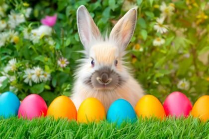 Egy aranyos nyuszi áll színes tojások előtt, virágos háttérrel.