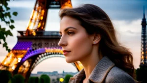 Egy fiatal nő profilja látható, háttérben az Eiffel-torony fényei.