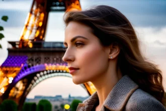 Egy fiatal nő profilja látható, háttérben az Eiffel-torony fényei.
