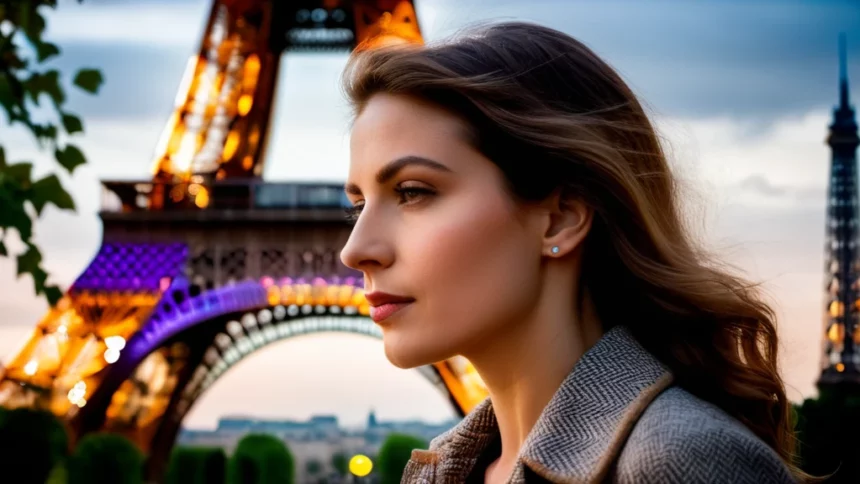 Egy fiatal nő profilja látható, háttérben az Eiffel-torony fényei.
