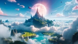 Egy mesebeli kastély áll egy hegycsúcson, körülötte felhők és vízesések, a háttérben hatalmas hold és színes léggömbök.