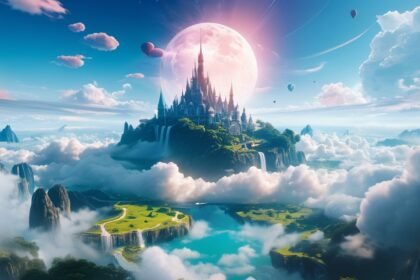 Egy mesebeli kastély áll egy hegycsúcson, körülötte felhők és vízesések, a háttérben hatalmas hold és színes léggömbök.