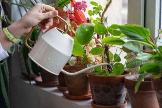 Egy kéz öntözőkannával locsolja a cserepes virágokat egy ablakpárkányon.