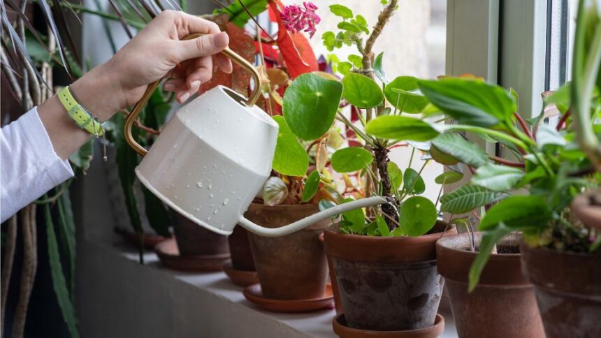 Egy kéz öntözőkannával locsolja a cserepes virágokat egy ablakpárkányon.