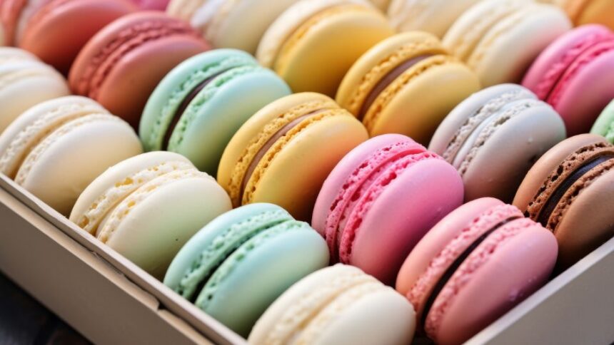 🥥☕ Cukormentes macaron 1 Színes macaronok egy dobozban, különböző ízekben és árnyalatokban, ideális kávé vagy tea mellé.