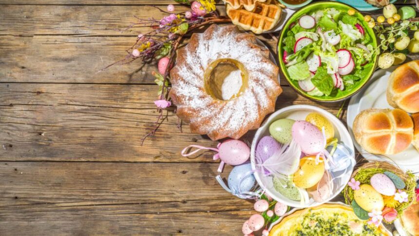 Húsvéti hagyományok 1 Húsvéti asztal gazdag ételekkel, színes tojásokkal és virágokkal díszítve.