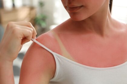 Egy nő vállán napégés látható, bőre piros és irritált, miközben a ruháját igazítja.