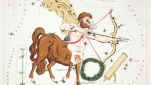 A Nyilas csillagkép ábrázolása, amely egy íjászt és lótestű mitológiai lényt mutat, csillagokkal körülvéve.