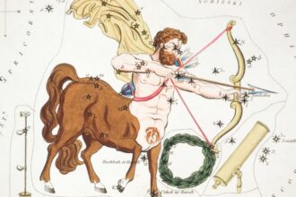 A Nyilas csillagkép ábrázolása, amely egy íjászt és lótestű mitológiai lényt mutat, csillagokkal körülvéve.