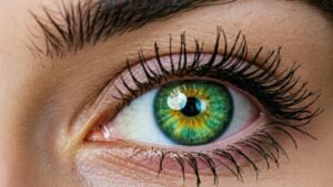 Egy zöld szem, amelyben arany és kék árnyalatok keverednek, kiemelve a szempillák szépségét.