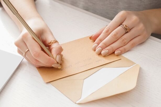 Egy nő arany tollal ír egy levélborítékra, amelyen a megszólítás látható.