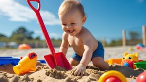 Egy kisbaba játszik a homokozóban, piros lapáttal és színes játékokkal.