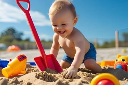 Egy kisbaba játszik a homokozóban, piros lapáttal és színes játékokkal.