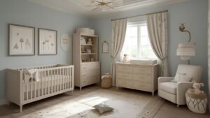 Világos, modern babaszoba, bézs színű bútorokkal, kisággyal és képekkel a falon.