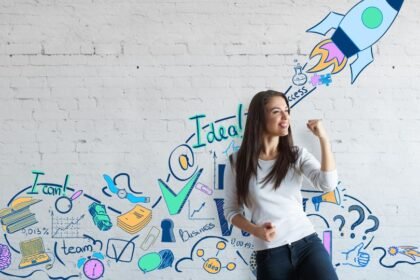 Egy női vállalkozó magabiztosan mosolyog, miközben a háttérben inspiráló grafikai elemek láthatók.