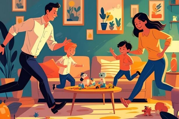 Egy család rohanós reggelén a szülők és gyerekek vidáman játszanak a nappaliban, játékokkal körülvéve.