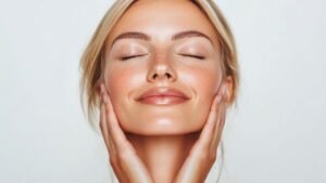 womensway 135 Egy fiatal nő sima, ragyogó bőrrel, kezével az arcán, boldogan mosolyog.