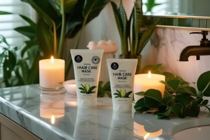 Két hajápoló maszk tubus a fürdőszobai mosdón, gyertyák és növények mellett.