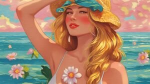 Egy fiatal nő napernyő alatt áll, a tengerparton, virágokkal körülvéve, friss és vidám megjelenéssel.