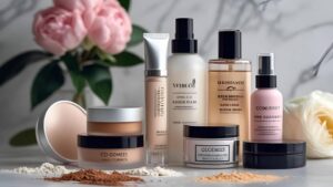Különböző kozmetikumok, mint alapozók és hidratálók, szépen elrendezve virágok mellett.
