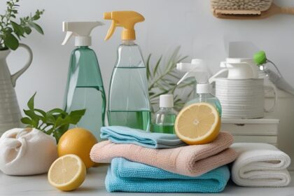 Takarítási eszközök és természetes tisztítószerek, mint például citrom és zöld növények, rendezett módon elhelyezve egy asztalon.