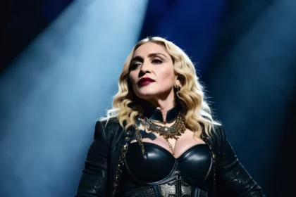 Madonna színpadon, lenyűgöző megjelenéssel és erőteljes kifejezéssel, reflektorok fényében.