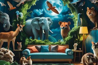 Egy színes, álomszerű szoba, ahol különböző állatok, mint elefánt, oroszlán és madarak, jelennek meg a falon.