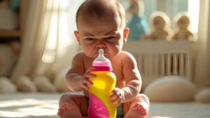 Egy kisbaba dühösen néz a cumisüvegre, amelyet a kezében tart.