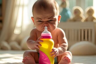 Egy kisbaba dühösen néz a cumisüvegre, amelyet a kezében tart.