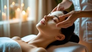 Egy fiatal nő arcmasszázson vesz részt, miközben egy szakember kezeli az arcát, háttérben gyertyafény.