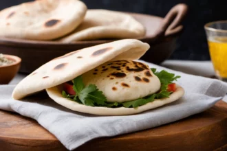 Frissen sült pita kenyér zöldségekkel és fűszernövényekkel töltve, egy fa tányéron.