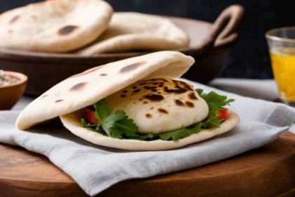 Frissen sült pita kenyér zöldségekkel és fűszernövényekkel töltve, egy fa tányéron.
