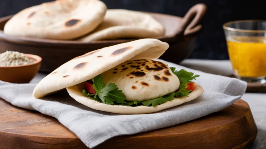 Frissen sült pita kenyér zöldségekkel és fűszernövényekkel töltve, egy fa tányéron.