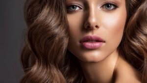 Egy fiatal nő arca, dús, hullámos hajjal, ragyogó bőrrel és természetes sminkkel.