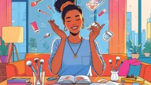 womensway 146 Egy fiatal nő boldogan készülődik sminkelésre, körülötte szépségápolási termékek és sminkeszközök lebegnek.