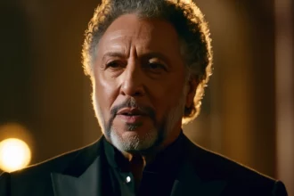 Tom Jones, a legendás énekes, közelről látható, komoly arckifejezéssel, háttérben lágy fényekkel.