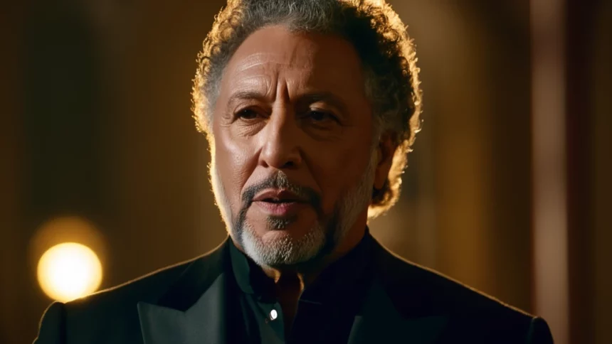 Tom Jones, a legendás énekes, közelről látható, komoly arckifejezéssel, háttérben lágy fényekkel.