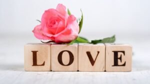 Egy rózsaszín rózsa mellett fa blokkokból kirakott 'LOVE' felirat, amely a szerelem szimbólumát jelképezi.