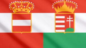 Az osztrák és magyar zászló elemei, Rudolf főherceg örökségét szimbolizálva.