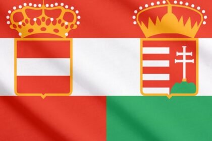 Az osztrák és magyar zászló elemei, Rudolf főherceg örökségét szimbolizálva.