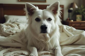Egy fehér kutya fekszik az ágyon, nyugodt és álmos tekintettel, körülötte puha takarók.