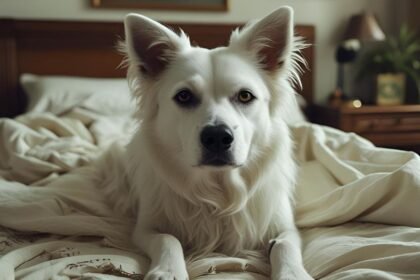 Egy fehér kutya fekszik az ágyon, nyugodt és álmos tekintettel, körülötte puha takarók.