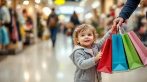 Egy kisgyermek boldogan tartja a színes bevásárlótáskákat a boltban, miközben a szülője segít neki.
