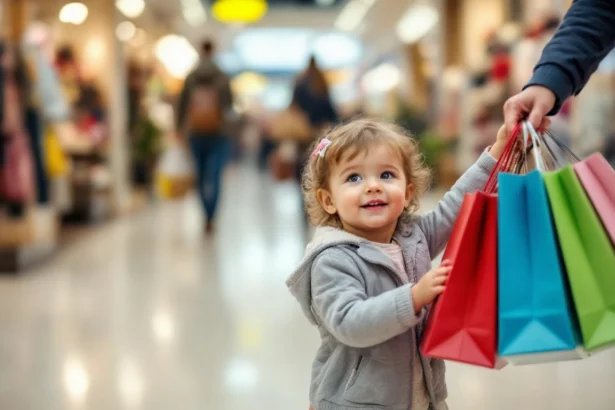 Egy kisgyermek boldogan tartja a színes bevásárlótáskákat a boltban, miközben a szülője segít neki.