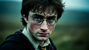 womensway 140 Harry Potter karakterének közelképe, kifejező arccal és varázslatos háttérrel.
