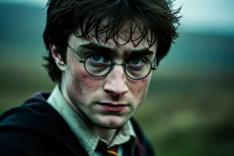 Harry Potter karakterének közelképe, kifejező arccal és varázslatos háttérrel.